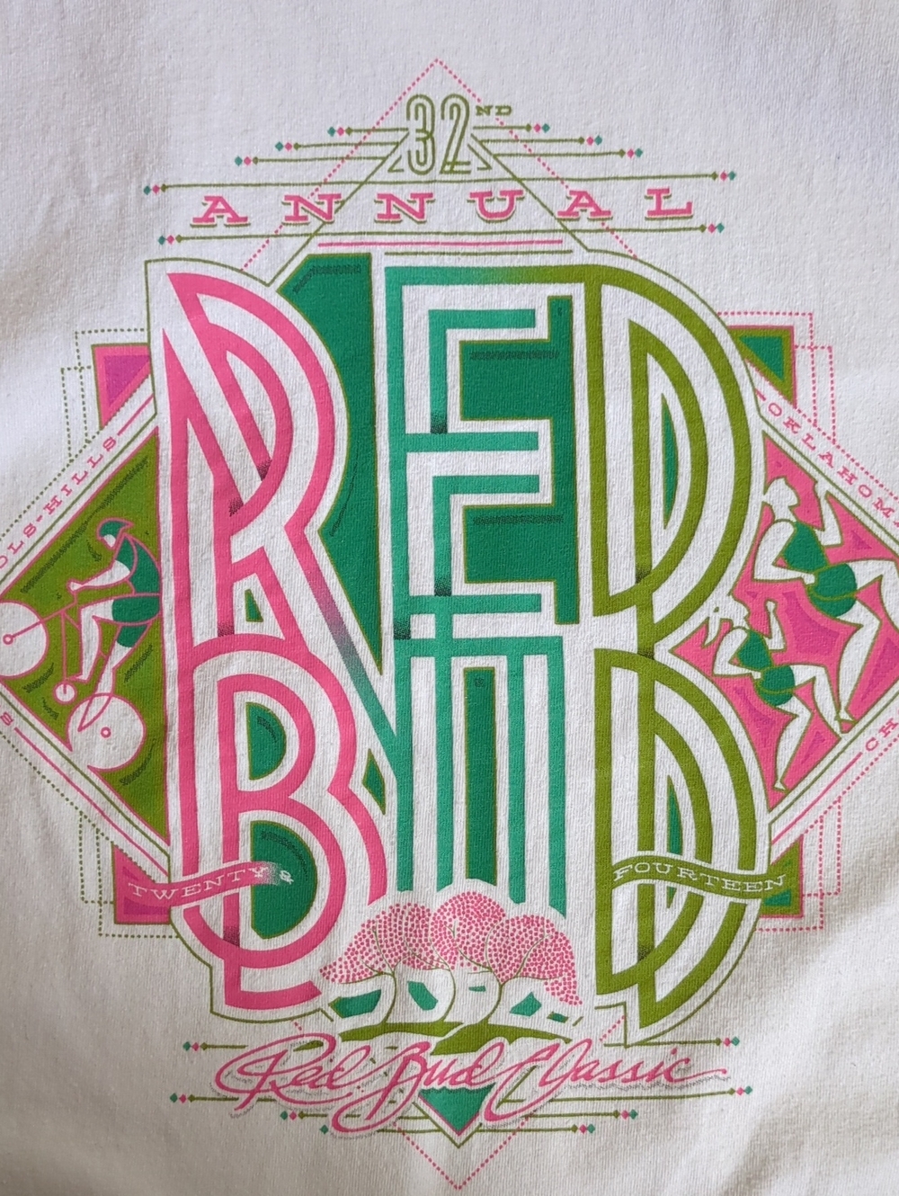 2014 White Red Bud Classic Tee with Pink & Green Bold Red Bud Graphic